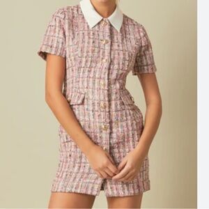 Endless rose tweed multi coloured dress with white collar and gold buttons